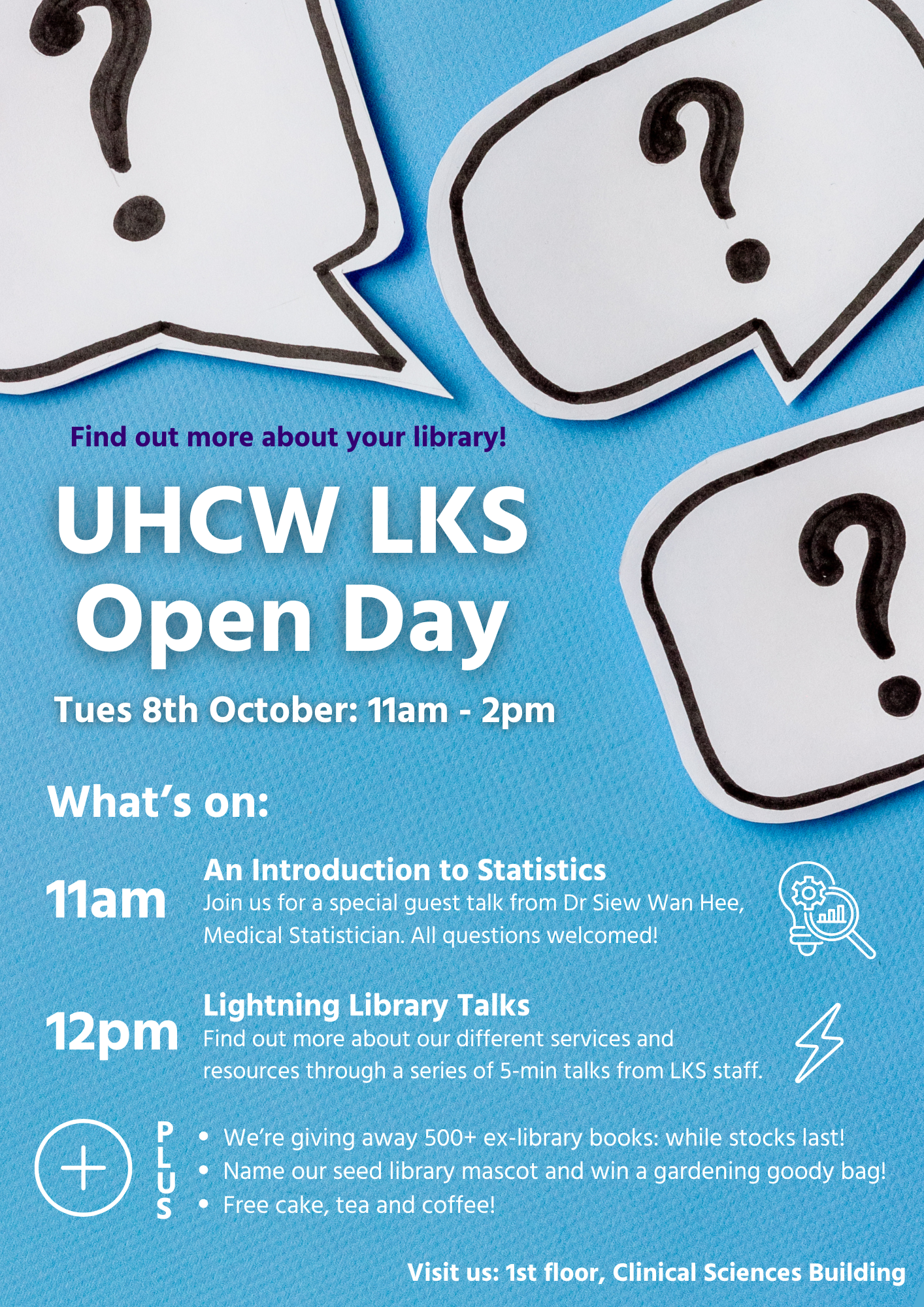A4 poster with question mark post-its, advertising library open day.