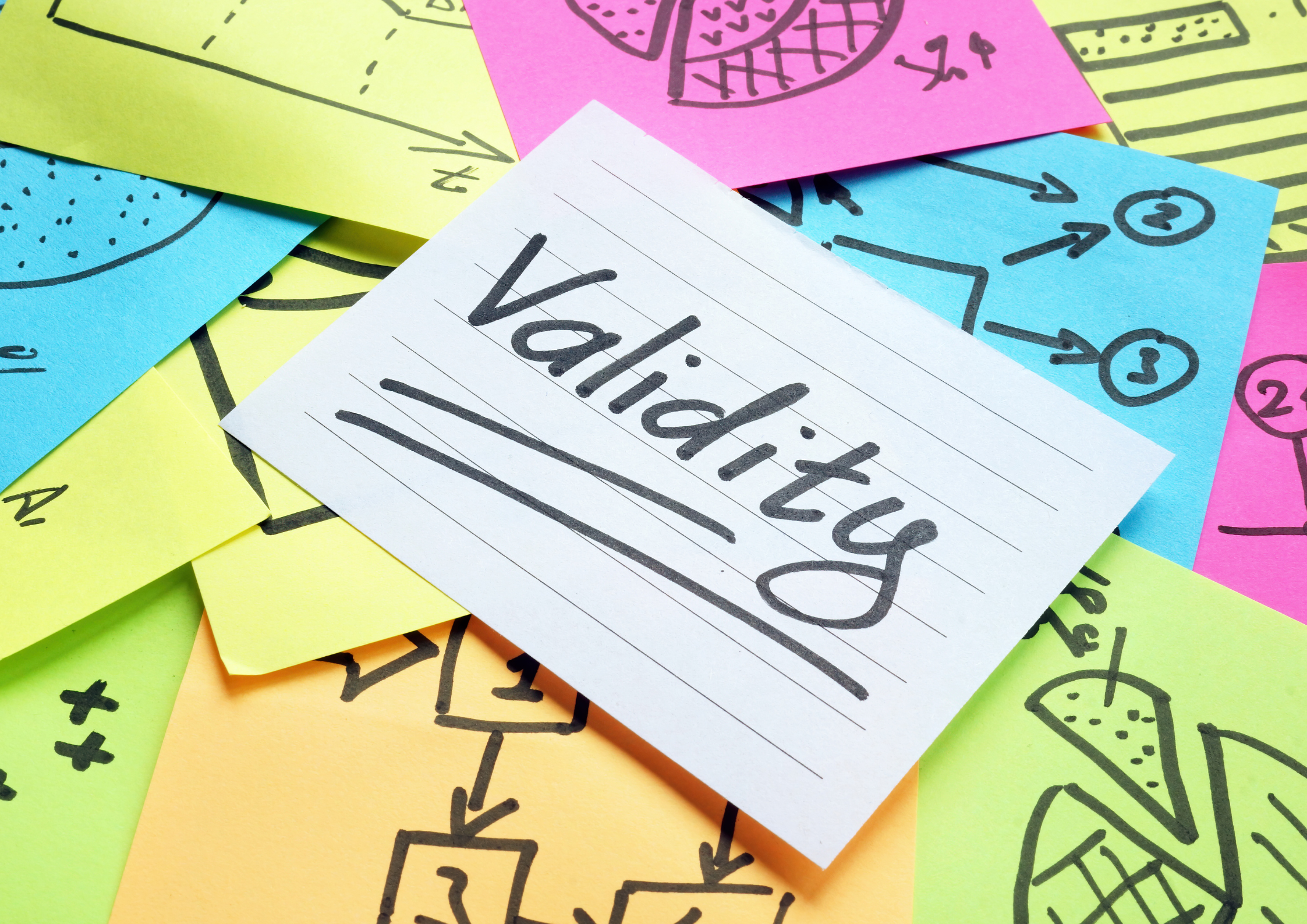 scattered colourful post-it notes with the top notes reading 'validity' in black marker.