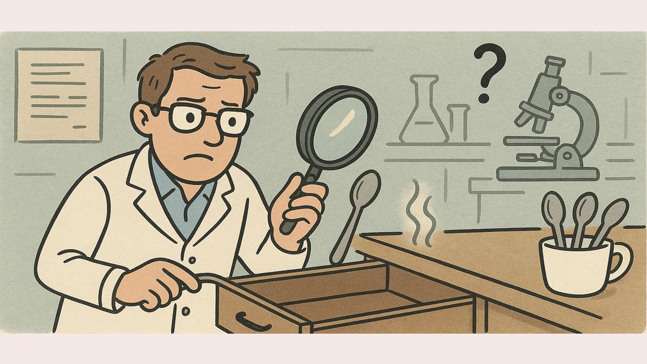 Image of doctor with magnifying glass examining contents of cutlery drawer
