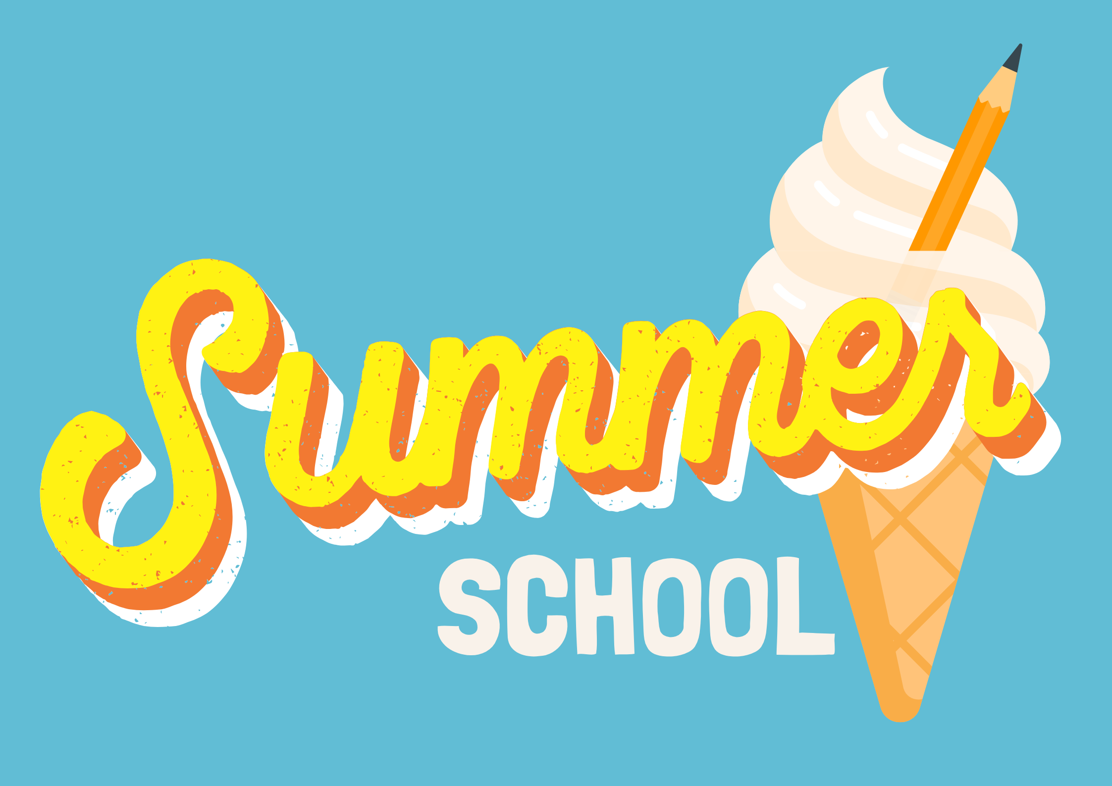 Images of an ice cream with a pencil in it, instead of a chocolate flake. Overlayed text reads &quot;Summer school&quot; with yellow text on a light blue background.