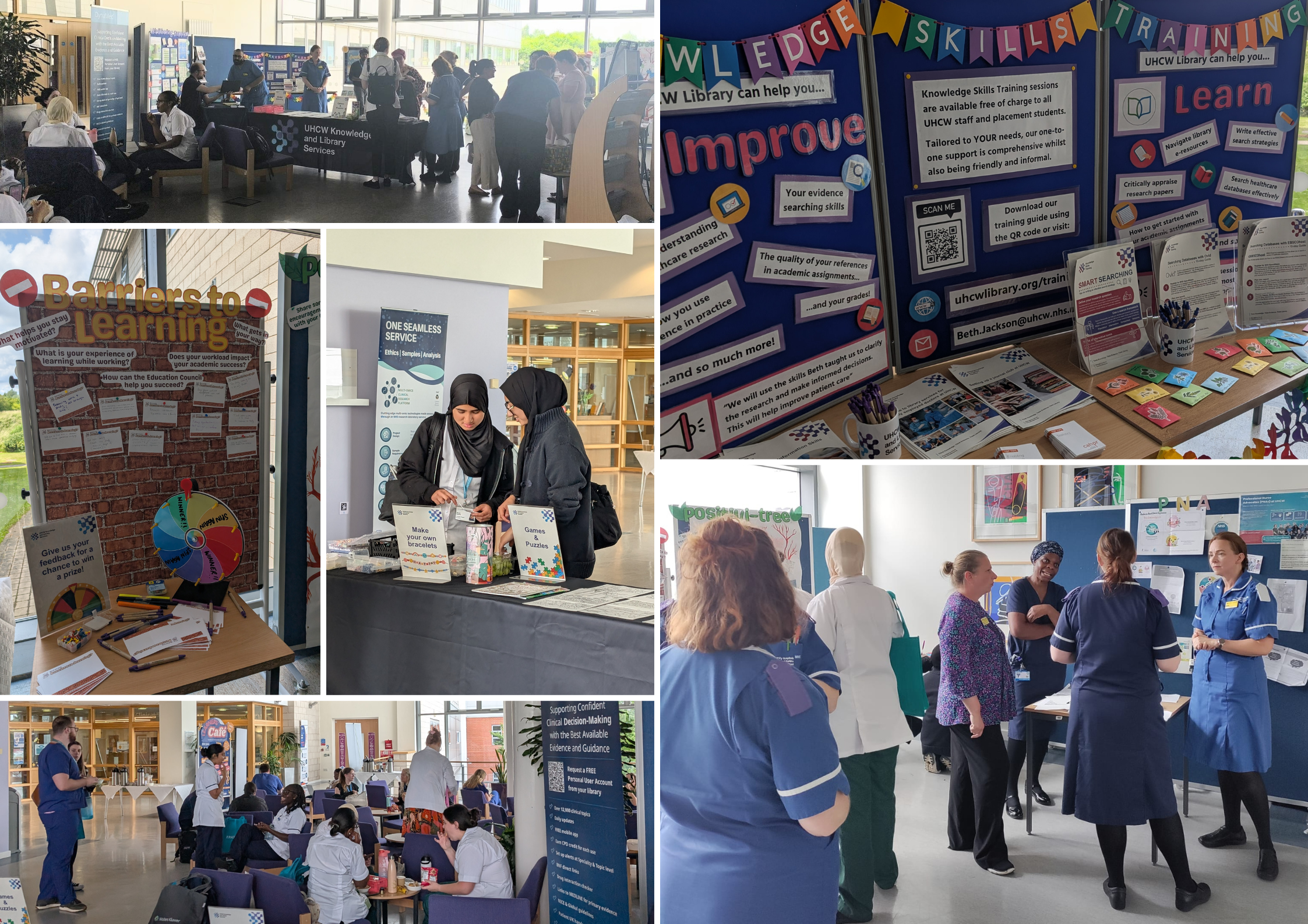 Collage of photos taken at Learners Cafe event, featuring staff chatting, taking part in crafts and information stands.
