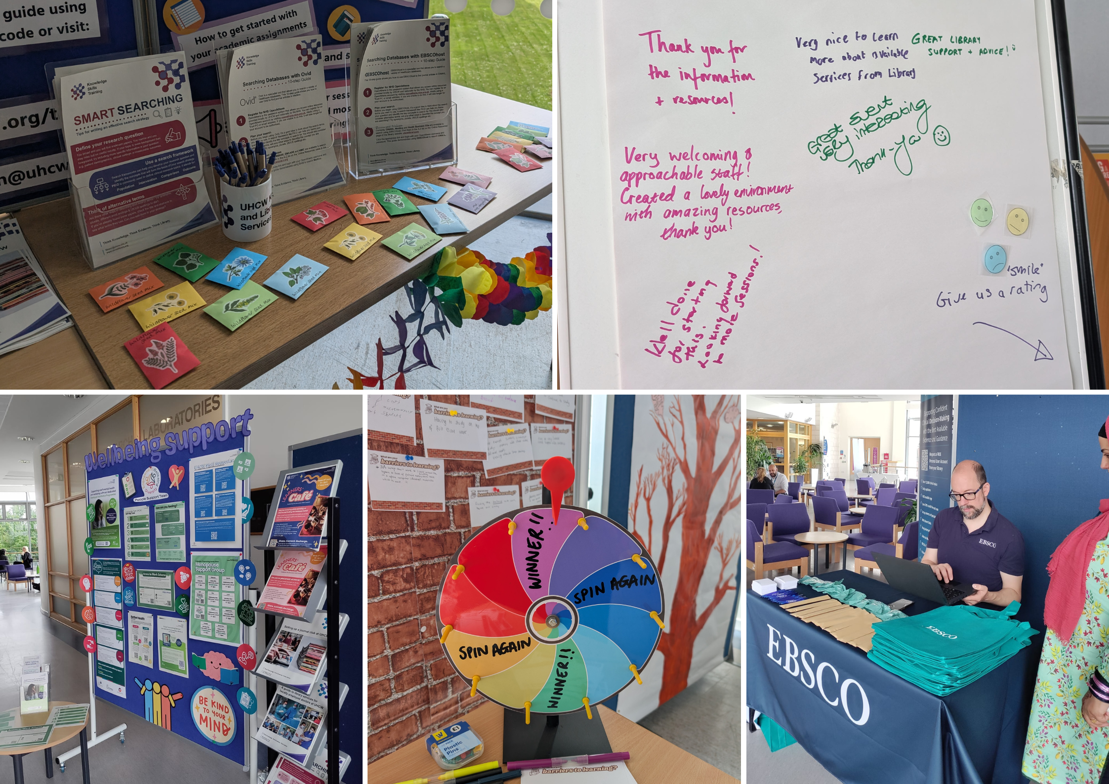 Collage of photos taken at Learners Cafe event, featuring staff chatting, taking part in crafts and information stands.