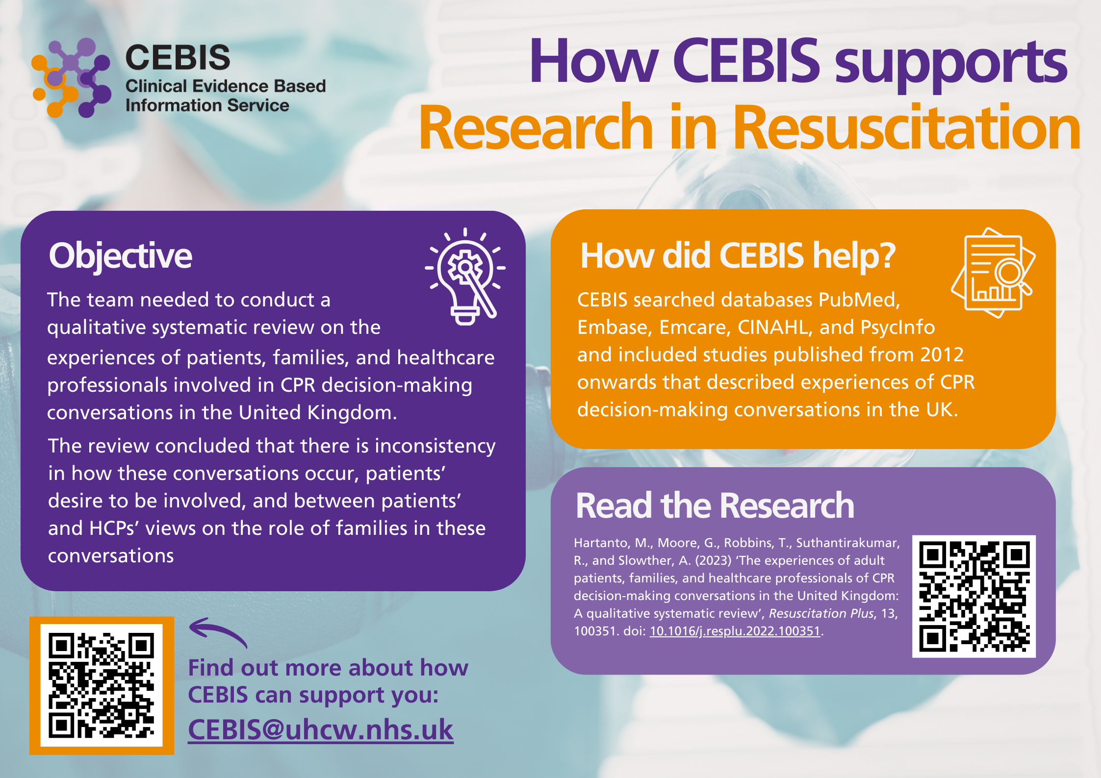 Poster that details the role that CEBIS has played in supporting a qualitative systematic review for the resus team. Features a transparent background image of a medical professional with an oxygen mask and a mixture of purple and orange text boxes with white text.