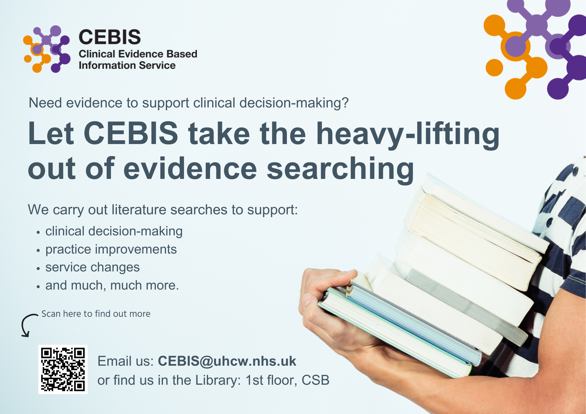 Image of a man carrying a heavy stack of books, with arm muscles obviously straining. Overlayed text recommends using the CEBIS service to take the heavy lifting out of evidence searching.