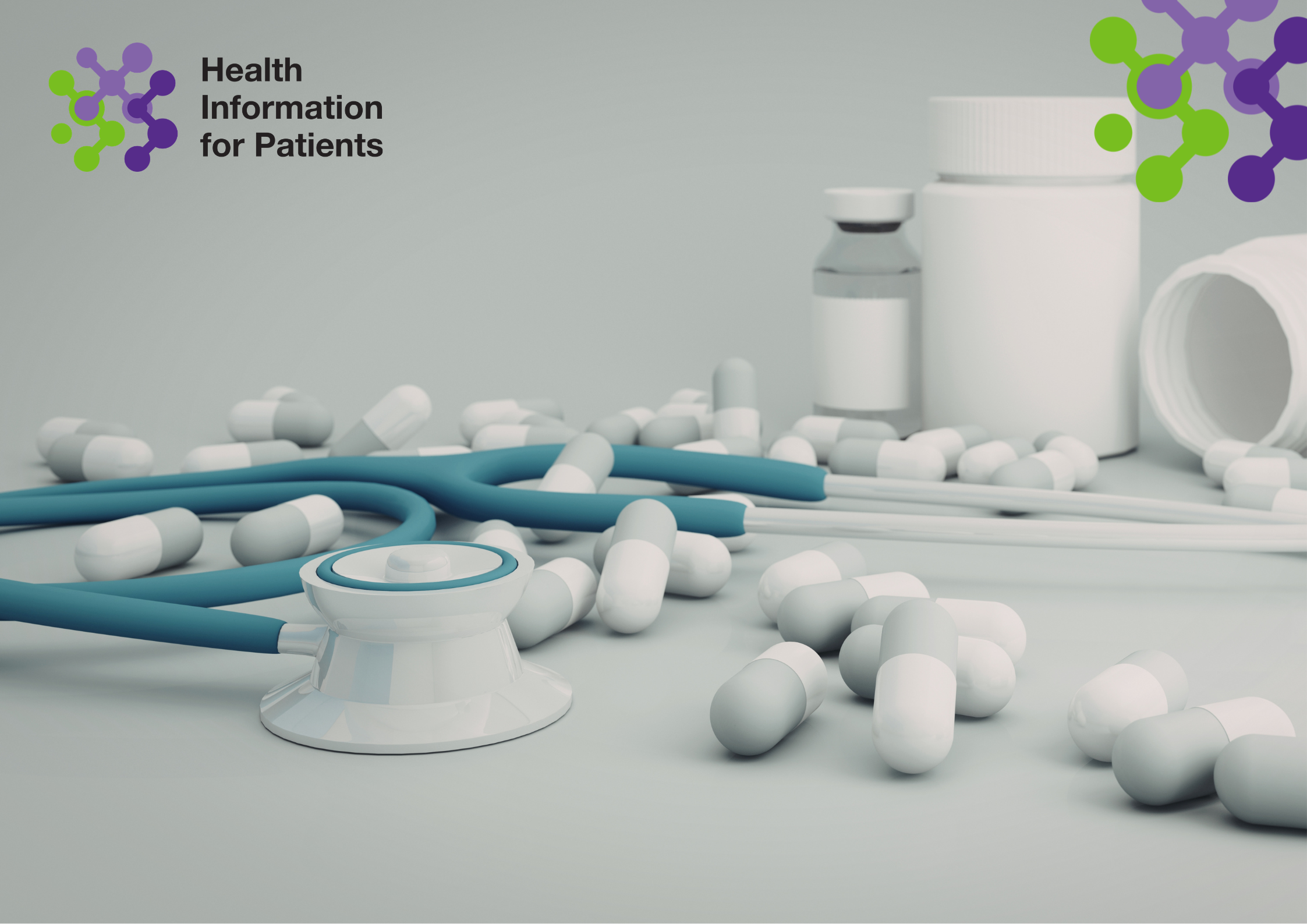 Monochrome image of a stethocope and scattered medication.