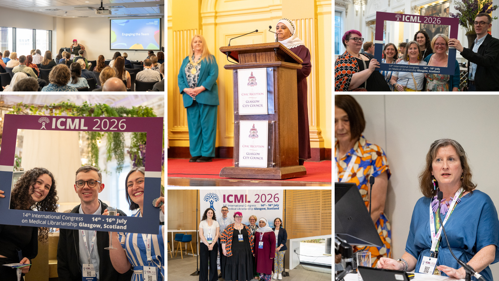 Collage of photos of library staff presenting and enjoying activities at ICML2026