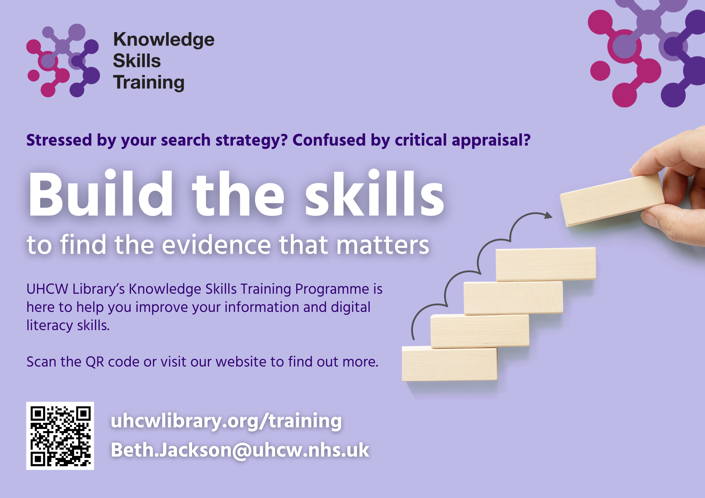 Image with lilac background, and features a hand placing blocks on top of one another. Text advertises the library's training sessions.