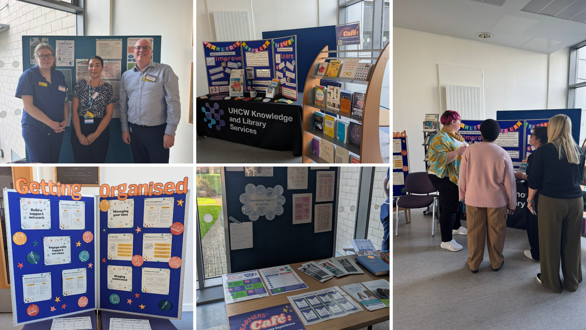 Collage of photos from the Learners Cafe, featuring images of different stands and teams.