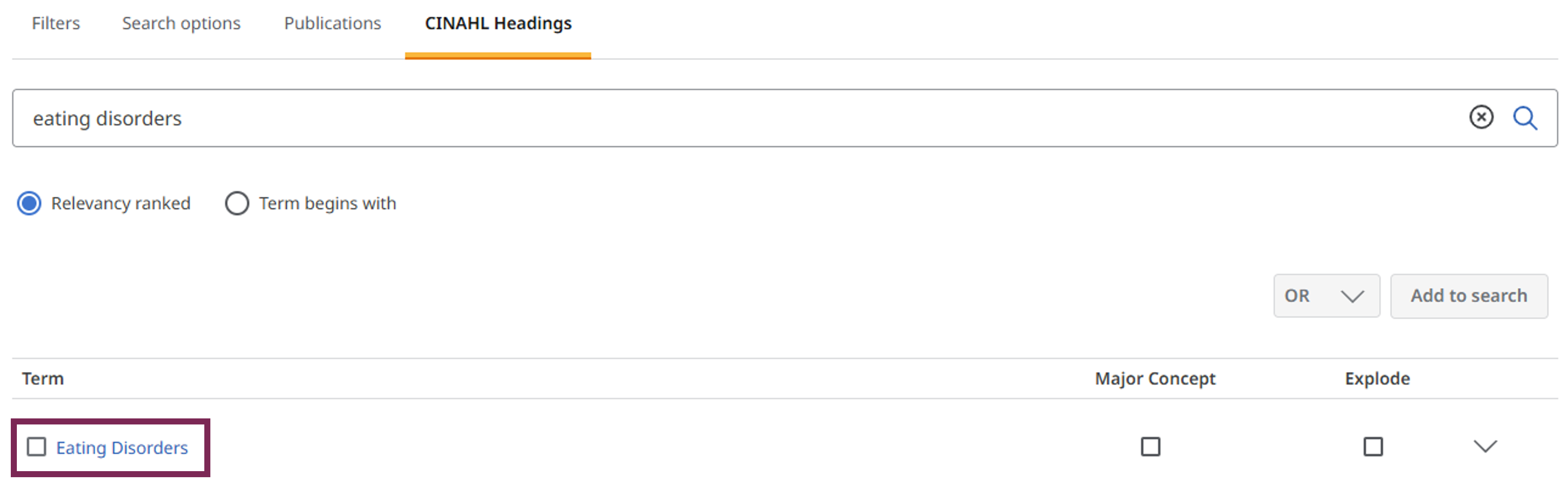 Screenshot of suggested subject headings for CINAHL in EBSCOhost