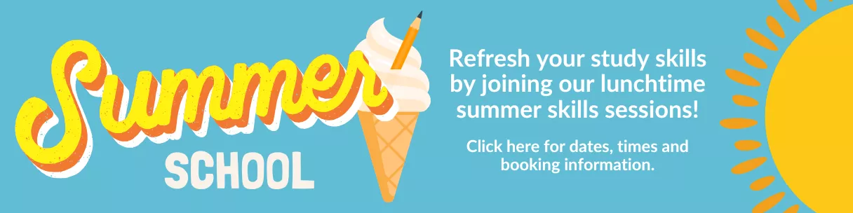 Script text reads &#039;Summer School&#039; next to an icon of an ice cream with a pencil in it instead of a flake. Image of a sun on the right side, flanked by text prompting reader to join a training session.
